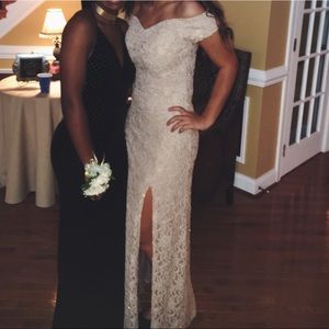 Windsor Off the Shoulder Beige Glitter Maxi Dress